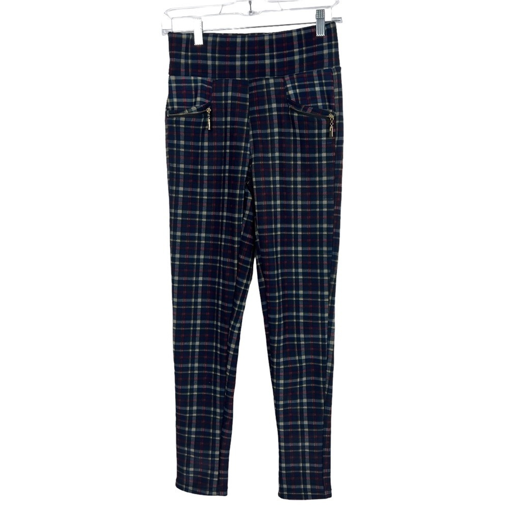 Blue Check Plaid Fleece Lined Pull On Skinny Pants One Size Run Small